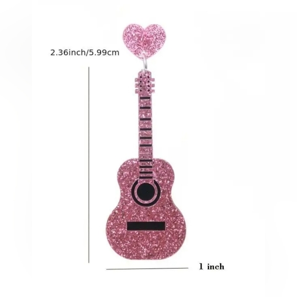 Pink Glitter Acrylic Guitar Earrings - Picture 3 of 4